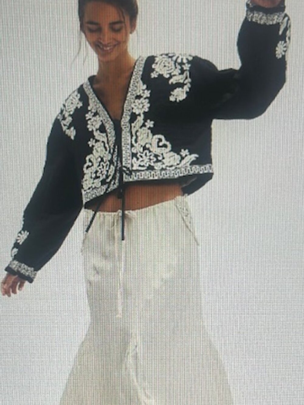 Free People Bali Mabel Cropped Black Quilted White Embroidery Cotton Jacket NEW